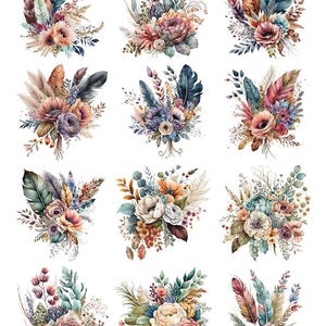 May include: A collection of twelve watercolor floral arrangements. Each arrangement features a variety of flowers, feathers, and foliage in shades of pink, peach, blue, and brown. The designs are arranged on a white background.