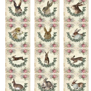 May include: A sheet of vintage-style paper cards featuring illustrations of rabbits. Each card has a different rabbit portrait or scene, surrounded by a wreath of greenery and pink roses. The cards have a distressed, aged appearance.