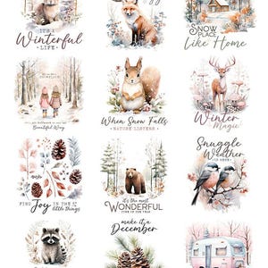 May include: A sheet of winter-themed watercolor illustrations. Images include a rabbit, fox, squirrel, deer, bear, raccoon, birds, pinecones, and a camper. Text includes phrases like "Winterful Life" and "Cozy Winter Vibes."