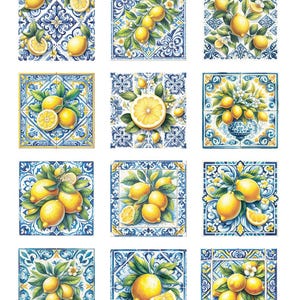 Peut inclure: Une collection de carreaux carrés présentant des citrons jaunes vifs avec des feuilles vertes, sur un fond à motifs bleu et blanc. Les carreaux présentent divers arrangements de citrons, entiers et tranchés.
