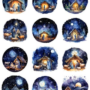 May include: Watercolour illustrations of the Nativity scene, each set within a circular frame. The images depict the Holy Family, animals, and a starry night sky. The colour palette includes blues, yellows, and whites, creating a serene and celestial atmosphere. The text "37669" is in the top left corner.