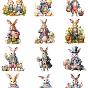 May include: Twelve illustrations of Easter bunnies in various poses and outfits. The bunnies are holding baskets, eggs, flowers, and other Easter-themed items. The illustrations are in a watercolour style and have a whimsical feel.