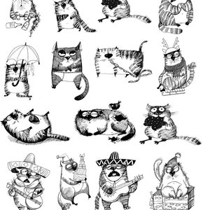 Może przedstawiać: Czarno-biała ilustracja przedstawiająca 13 kotów w różnych pozach. Koty są narysowane w kreskówkowym stylu i wszystkie mają różne wyrażenia twarzy. Niektóre z kotów trzymają przedmioty, takie jak ryba, gitara i pudełko z prezentem.