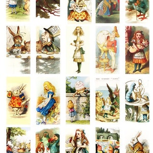 Könnte beinhalten: Eine Sammlung von 16 bunten Illustrationen aus Alice im Wunderland. Die Illustrationen zeigen Figuren wie den Hutmacher, die Herzkönigin, die Grinsekatze und Alice selbst. Die Illustrationen sind im Vintage-Stil gehalten und eignen sich perfekt zum Scrapbooking, Kartenbasteln oder anderen Bastelprojekten.