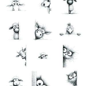 May include: A collection of twelve black and white pencil-style illustrations featuring various animals with large, wide eyes peeking from behind edges or over borders. The sheet includes the number 63775 at the top, depicting sheep, cows, cats, and birds.