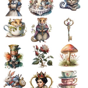 May include: A set of 12 Alice in Wonderland themed illustrations featuring characters like Alice, the Mad Hatter, the Cheshire Cat, and the Queen of Hearts. The illustrations are in a whimsical style with bright colors and intricate details.