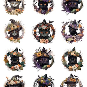 May include: A sheet of Halloween-themed stickers featuring various cat portraits. Each cat wears a witch hat and is surrounded by a floral wreath with autumnal colors. The stickers have the number 57361 in the upper left corner.