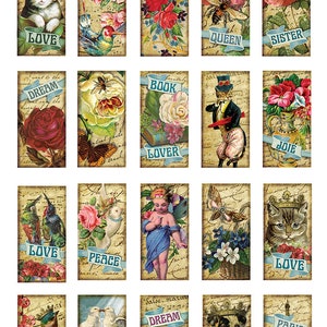 May include: A collection of vintage-style rectangular cards with various illustrations. Each card features images of flowers, animals, and angels, along with words like "Love," "Dream," and "Queen." The cards have a distressed, aged appearance.