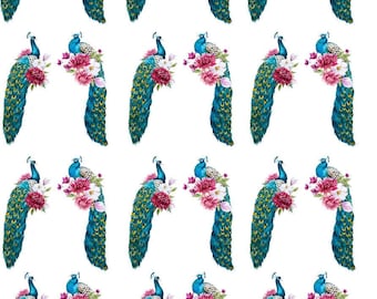May include: A repeating pattern of watercolor peacock illustrations. Each peacock is depicted with vibrant blue and green plumage, a blue head, and is adorned with a bouquet of pink and white flowers. The background is white.