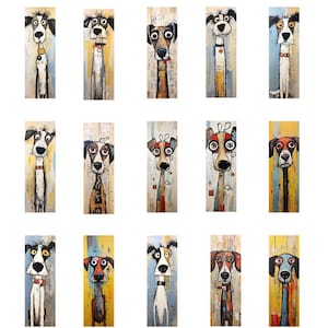 May include: A collection of fifteen vertical dog portraits with elongated bodies and expressive faces. Each dog is painted on a rectangular canvas with a unique color scheme and style, showcasing a variety of breeds and personalities. The artwork has a whimsical and artistic feel.