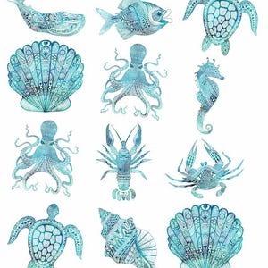 May include: A selection of aquatic illustrations in shades of blue and teal. The image features a whale, fish, sea turtle, seashell, octopus, seahorse, lobster, and crab, all with detailed patterns. The number "93180" is in the upper left corner.
