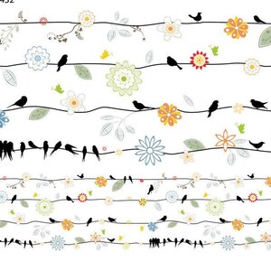 May include: A repeating pattern of black birds perched on thin black lines, interspersed with colorful flowers and leaves. The flowers are in shades of yellow, orange, blue, and white, creating a cheerful, spring-like design.