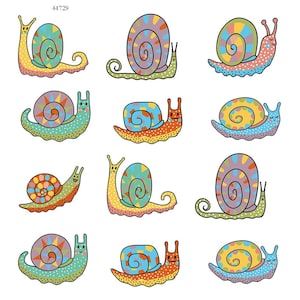 May include: A collection of colorful, cartoon snails with patterned shells. Each snail features a unique design with various colors like yellow, blue, orange, and green. The image includes the number "44729" in the top left corner.