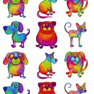 May include: A collection of colorful cartoon dog illustrations. Each dog is depicted in a unique pose and vibrant color scheme, including rainbow, blue, orange, and purple hues. The dogs have expressive faces and are set against a white background.