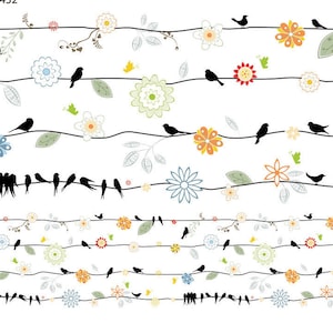 May include: A digital illustration of a repeating pattern of black birds perched on branches with colorful flowers. The flowers are in various shades of pink, yellow, orange, and blue.