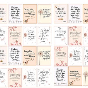 May include: A collection of rectangular cards with inspirational quotes and floral illustrations. Each card features a different quote in elegant script, with soft pastel backgrounds and delicate flower accents. The cards are designed for encouragement and reflection.