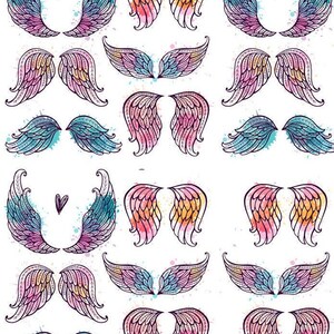 May include: A repeating pattern of colorful, stylized angel wings in various designs. The wings feature watercolor effects with shades of pink, blue, yellow, and purple. Some designs include small heart accents.