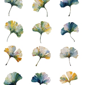 May include: A collection of painted ginkgo leaves in shades of green, yellow, and blue against a white background. Each leaf has a unique color palette and texture, with visible brushstrokes. The image includes the number "47832".