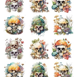 May include: Watercolor illustrations of skulls with floral and mushroom accents. Each design features a skull with various floral arrangements, mushrooms, and smaller skulls. The color palette includes earthy tones, with pops of red, orange, and blue. The image has the number "68998" in the top left corner.