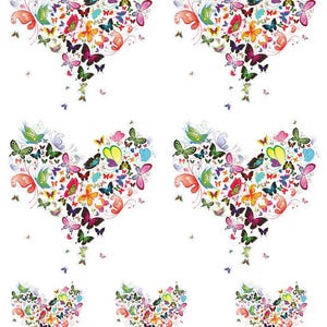 May include: A repeating pattern featuring six heart shapes, each formed from a collection of colourful butterflies. The butterflies are in shades of red, pink, orange, yellow, green, blue, and purple, creating a vibrant design on a white background.