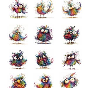 May include: A collection of twelve whimsical bird illustrations. Each bird features vibrant rainbow colors, large expressive eyes, and unique feather details. The birds are depicted with a cartoonish style, perfect for art prints or children's decor.