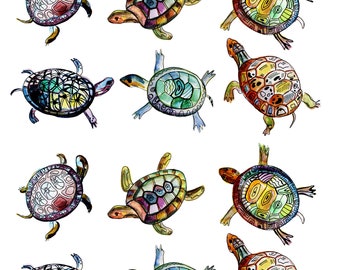 Watercolor Turtles - Ceramic Decals - Fusible Decal - Glass Fusing Decal ~ Waterslide Decal -  99998