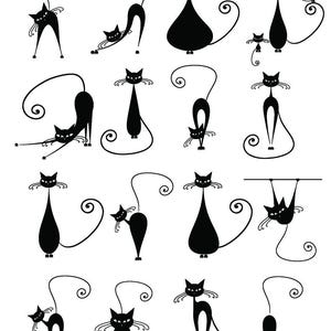 Peut inclure: Plusieurs illustrations de chats noirs dans diverses poses, avec de longues queues bouclées et des traits stylisés. Les chats ont des oreilles pointues et des moustaches détaillées. Le texte "3103407m Ceramic" est en haut de l'image.