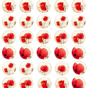 Peut inclure: Une série d'autocollants ronds représentant des coquelicots rouges. Chaque autocollant a un fond de style vintage avec des notes de musique et du texte estompé. Les coquelicots sont représentés à différents stades de floraison.