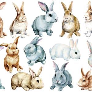 May include: A watercolour illustration featuring a collection of rabbits in various poses and colours. The rabbits are painted in shades of brown, grey, and white, some standing, sitting, or lying down. The artwork has a soft, whimsical feel, ideal for Easter or spring-themed projects.