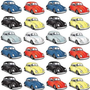May include: A collection of colorful toy cars in various colors, including blue, red, yellow, black, and white. The cars are all the same classic design, with rounded bodies and small wheels. A fun and playful image.