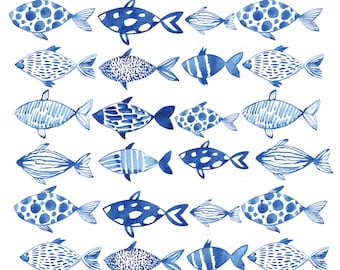 Blue Blue Hand Drawn Fish - Ceramic Decals- Enamel Decal - Fusible Decal - Glass Fusing Decal ~ Waterslide Decal - 28007