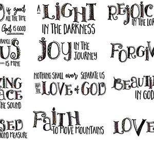 May include: A selection of motivational quotes in black script on a white backdrop. Phrases include "God is good," "A light in the darkness," and "Rejoice in the Lord always." The words are decorated with colourful accents.