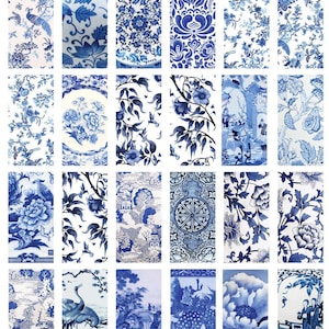 May include: A grid of rectangular images displaying blue and white porcelain patterns. The designs include floral motifs, birds, and traditional Chinese scenes. The images are arranged to showcase the variety of patterns available.