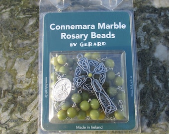 Authentic Irish Connemara Marble Rosary Beads With Celtic Crucifix And St. Patrick Centre Handmade in Ireland
