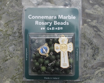 GENUINE Hand Carved Connemara Marble Rosary Beads With Large 5 Way JHS Communion Crucifix Guaranteed Irish