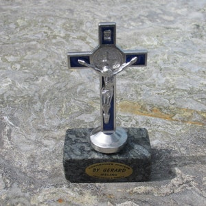 St. Benedict Cross On Authentic Connemara Marble Base Stands 4 Inches Blue