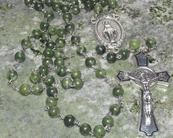 Authentic Irish Connemara Marble Rosary Beads With Large St. Benedict Crucifix With Large Miraculous Medal Centre Handmade in Ireland