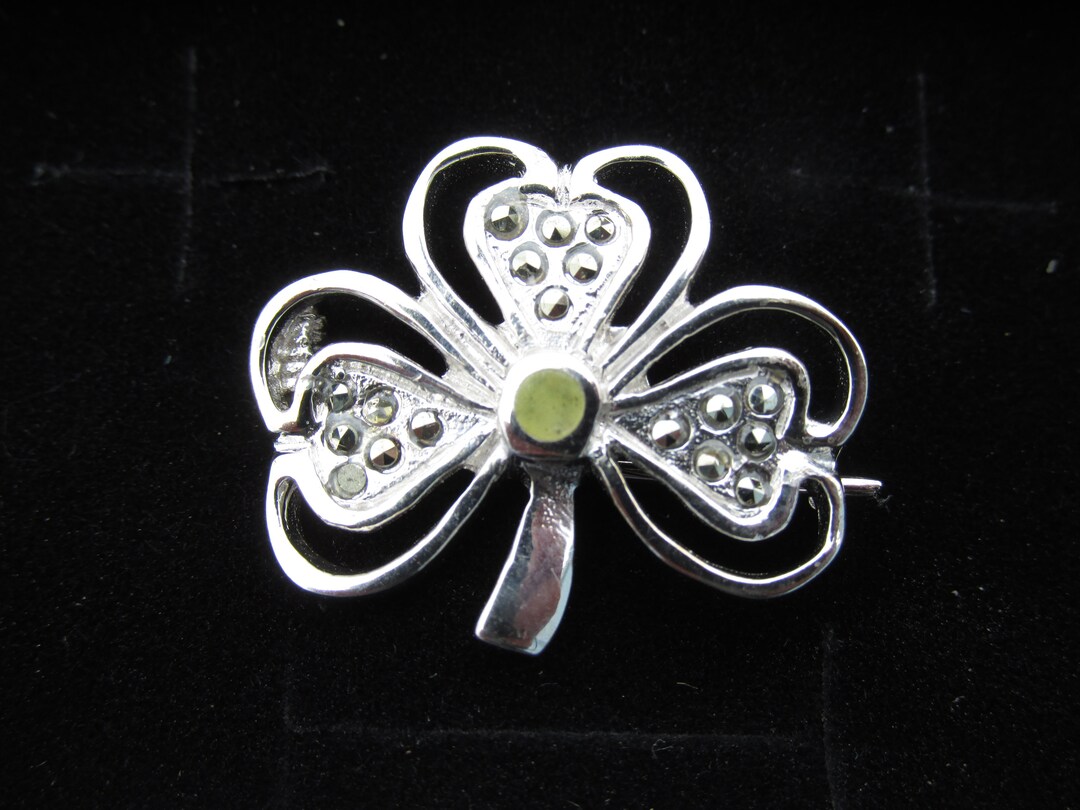 Genuine Connemara Marble/marcasite Shamrock Brooch Sterling