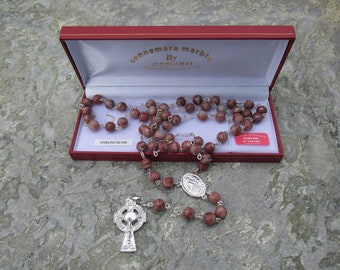 GENUINE Cork Red Marble/Sterling Silver Rosary Beads Celtic Cross St Patrick Centre Guaranteed Irish