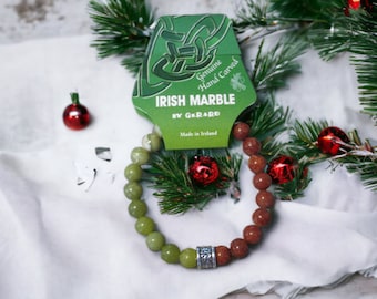 Authentic Irish Connemara Marble And Cork Red Marble Celtic Triquetra Trinity Knot Bracelet Handmade Ireland