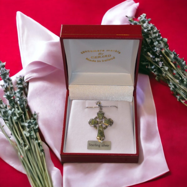 Genuine Irish Connemara Marble Sterling Silver Celtic Cross Pendant Necklace Ireland Gift Boxed