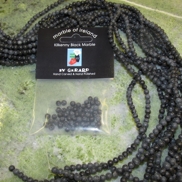 GENUINE Kilkenny Black MARBLE 4mm  drilled thru beads 1/2 string Pack 50 Guaranteed Irish