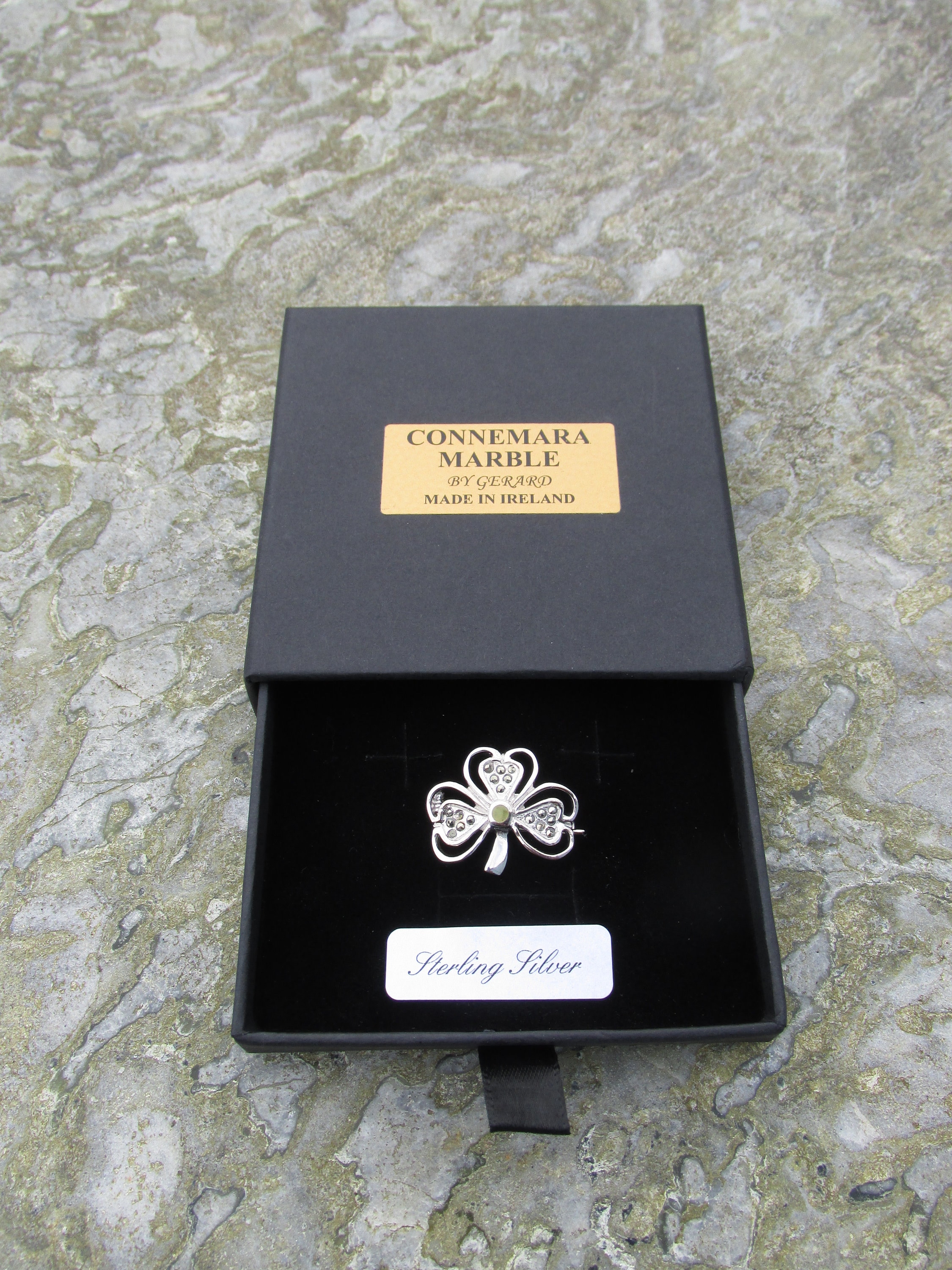 Genuine Connemara Marble/marcasite Shamrock Brooch Sterling