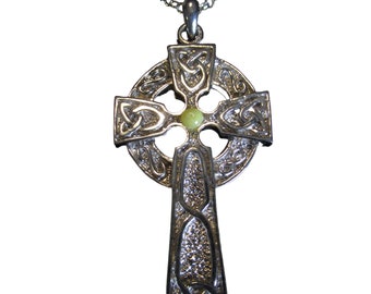 Genuine Irish Connemara Marble Sterling Silver Large Celtic Cross Pendant Necklace Ireland Gift Boxed