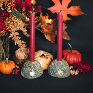May include: Two red candles in green stone candle holders. The candles are on a black surface with fall foliage, gourds, and pumpkins.