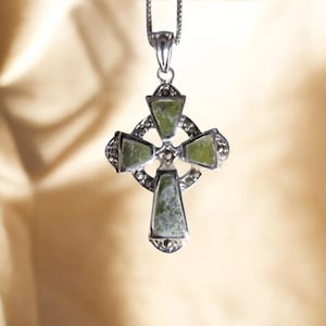 Echt Iers Connemara-marmer sterlingzilver Keltisch kruis hanger ketting Ierland geschenkverpakking