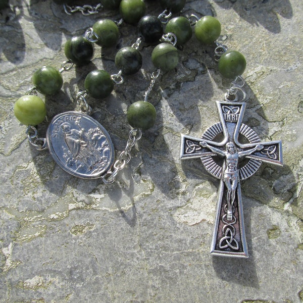 Authentic Irish Connemara Marble Rosary Beads with Celtic Crucifix St Patrick Center Handmade in Ireland