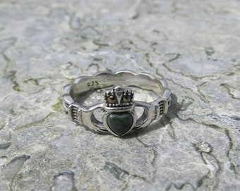 GENUINE Connemara Marble Sterling Silver Claddagh Celtic Ring With Marcasite Guaranteed Irish