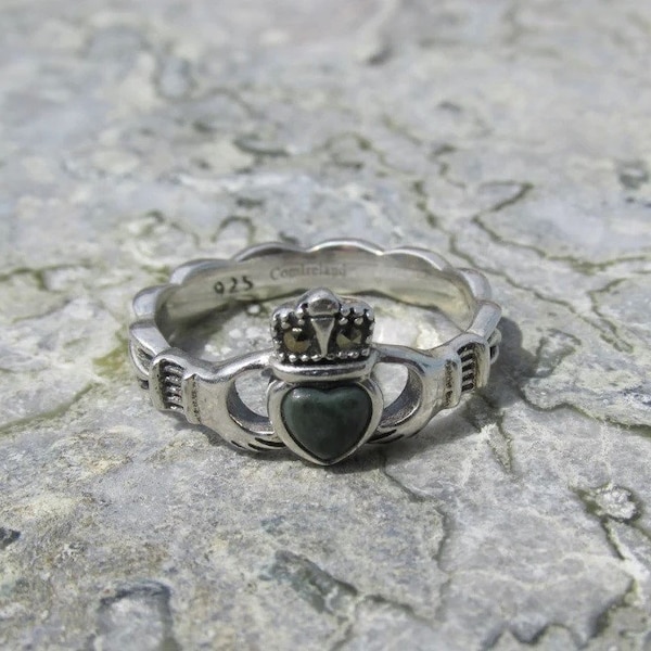 GENUINE Connemara Marble Sterling Silver Claddagh Celtic Ring With Marcasite Guaranteed Irish