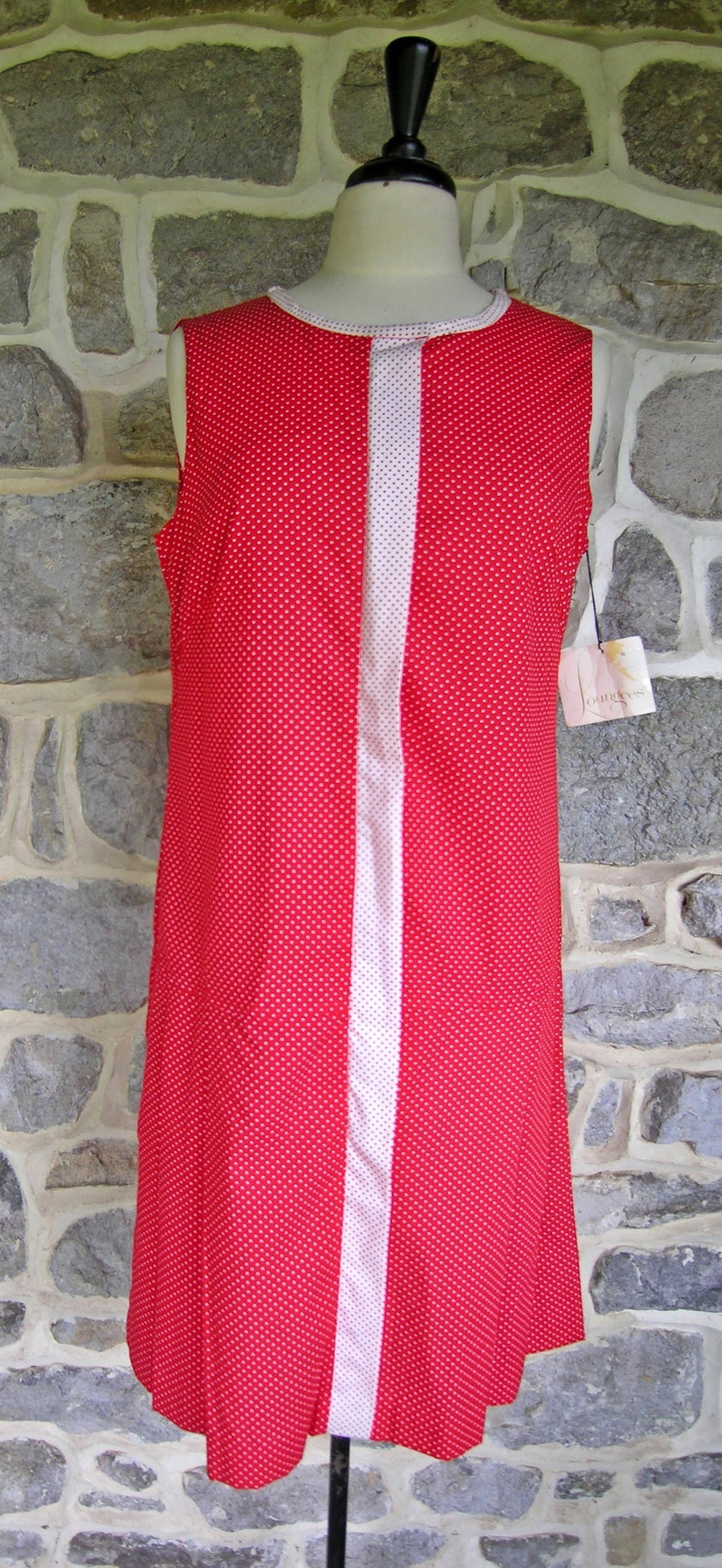 Vintage 60s DEADSTOCK Rayon Cotton red polka dot lounge dress step in 34 zip front by Loungees